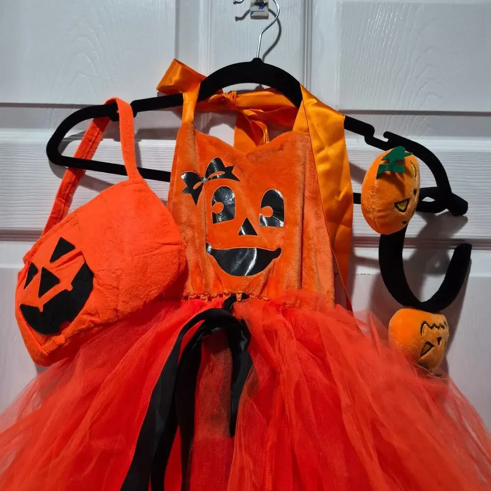 NEW Girls Halloween Pumpkin Dress Costume Tutu Cosplay Fancy Princess sz 4-5 yrs